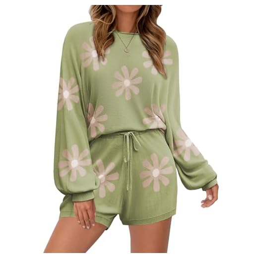 Ekouaer Pajamas Set for Women Floral Knit Lounge Sets Casual Top and Shorts 2 Piece Sweater Outfits PJ Sets Floral Green XXL