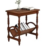 LKTART Wood End Table, Vintage Sofa Side Table with Magazine Rack and Rubberwood Legs, Bedside Table with Birch Wood Veneer Finish for Living Room Bedroom Small Space Home Office (Cherry)