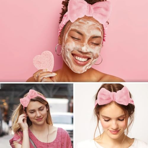 Image of Spa Headband and Wristband Set, Face Wash Headband Makeup Skincare Headband Wrist Bands Washing Face for Preppy Skincare Women Girl (Pink)