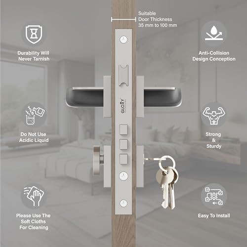 Image of GLOXY Heavy Duty Door Lock for Main Door, Mortise Door Lock for Home, Handle Set for Bedroom, Mortise Handle Set with 3 Brass Keys | Satin & Black Finish (2 Years of Warranty, Pack of 1)