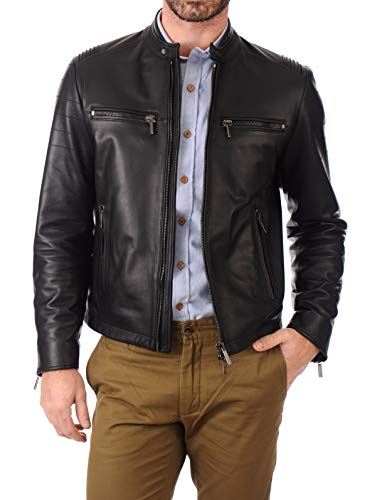 Image of D DOLLY LAMB Men's Lambskin Leather Bomber Biker Jacket - Winter Wear - Round Collar