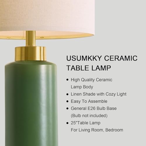 Image of USumkky 25 inch Green Ceramic Table Lamp Set of 2, Modern Mid-Century Bedside Nightstand Lamps for Bedroom Living Room, Linen Shade & Gold Metal Base, Rotary Switch E26 (Bulbs Excluded)