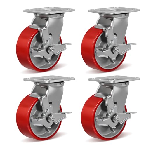 HANDSAMMU 5" X 2" Heavy Duty Casters- Industrial Casters, Polyurethane Casters Wheels, Capacity up to 4000 Lb. Use for Platform Truck, U-Boat Cart,Workbenches (4 Brake)