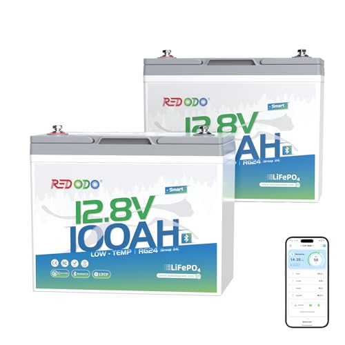 Image of Redodo 12V 100Ah Group 24 LiFePO4 Lithium Battery Bluetooth for RVs -2 Pack