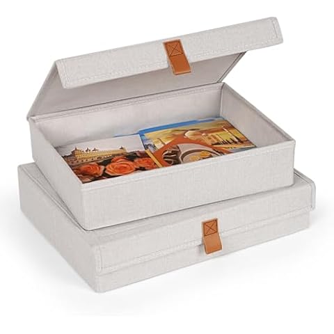 Flenpptly Decorative Photo Storage Box, Photo Boxes Storage with Lids Keepsake Box to Store Pictures, Envelope, Scrapbook Supplies Comes with Business Card Frame to Mark (Large+Small) Cover