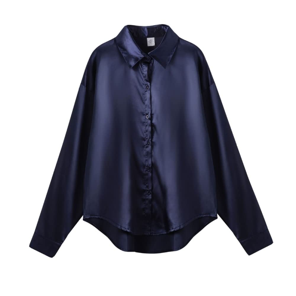 Camisas De Mujer,Blusa De Satén para Mujer Camisa Azul Real Manga Larga Camisas De Seda De Moda Vintage Camisa De Negocios con Botón Blusas De Fiesta Sexy Blusa De Oficina De Trabajo Informal para D