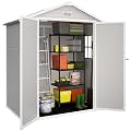 BTMWAY Resin 6x4 FT Outdoor Storage Shed with Floor Included,Small Plastic Shed with Window,Wood-Like Appearance,Water and UV Proof,Double Doors,Garden Tool Storage,Bike Shed,Backyard Shed,Gray