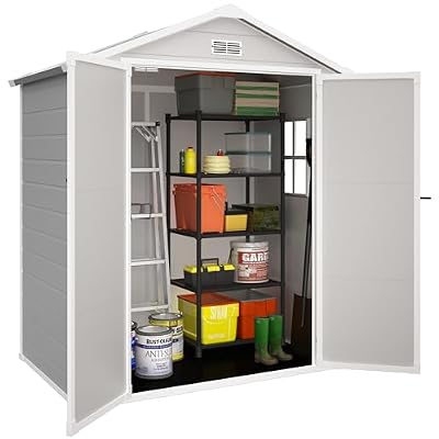 BTMWAY Resin 6x4 FT Outdoor Storage Shed with Floor Included,Small Plastic Shed with Window,Wood-Like Appearance,Water and UV Proof,Double Doors,Garden Tool Storage,Bike Shed,Backyard Shed,Gray