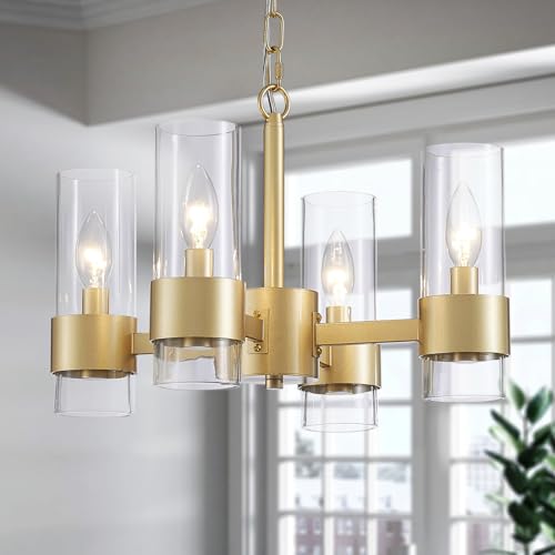Image of WUZUPS Industrial Chandelier 4-Light with Clear Glass Modern Farmhouse Round Light Fixture for Dining Room Kithen Island Foyer, Width 16.9 inch Height 12.2 inch, Gold