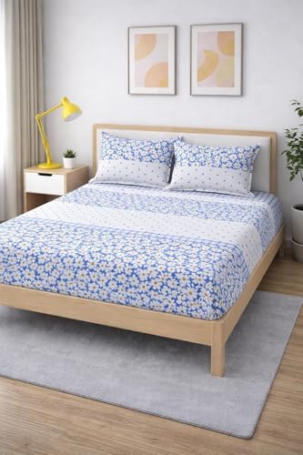Image of 350 TC Premium Heavy Cotton Feel Elastic Fitted Bedsheet King Size with 2 Pillow Covers || Double Bed with All Around Elastic (White Lily1, Fitted - 72 inchx78 inch King)