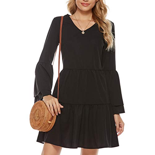 MODECRUSH Swing Dresses for Women,Women's Elegant Bell Sleeve V Neck Cute Babydoll Loose Pullover Casual Swing Mini Dress Black