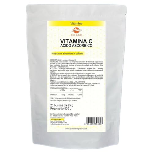 Acido Ascorbico - Vitamina C in Polvere Pura 500 g (20 Bustine da 25 g) Integratore Difese Immunitarie con Elevata Concentrazione di Antiossidanti, Integratori Alimentari