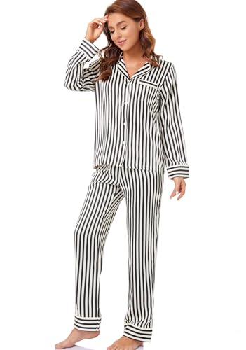 Image of Serenedelicacy Women's Satin Pajama Set Long Sleeve Button Down Sleepwear 2-Piece Silky Pj Set