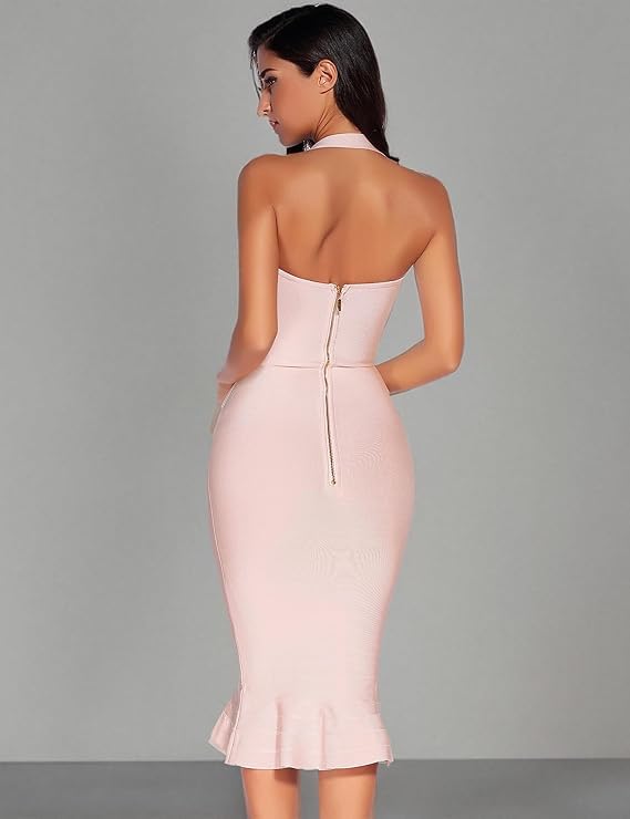 Image of meilun Womens Halter Fishtail Bandage Party Dress Elegant Wedding Guest Dress