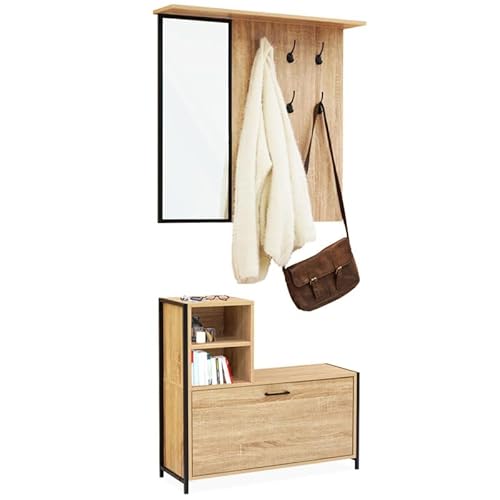 IDMarket - Armario de entrada DETROIT con espejo y zapatero de diseño industrial