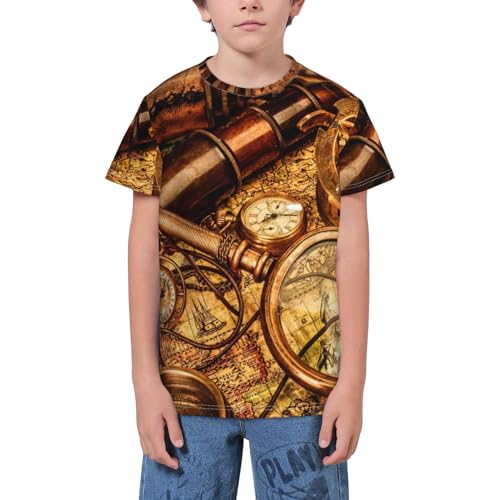 Teen Boys Crew Neck Short Sleeve T-Shirt 3D Printed Graphic Tee Shirts Nautical Map Compass Telescope T-Shirt for Youth