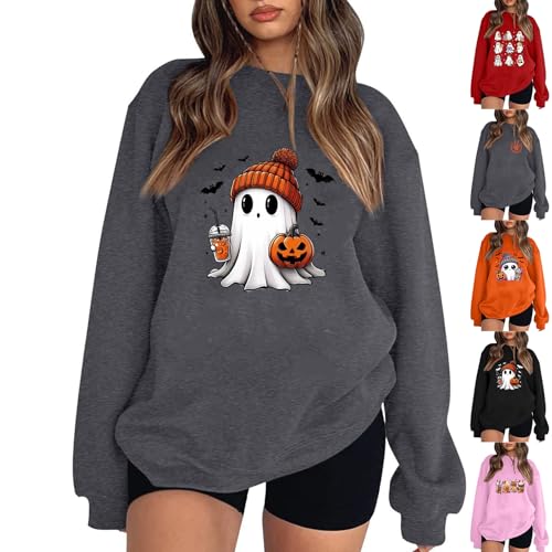 Halloween Sweatshirts for Women Ghost Oversized Crewneck Sweatshirt Cute Pumpkin Graphic Hoodies Fleece Pullover