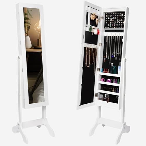 DECOMIL – Jewelry Armoire with Mirror | Jewelry Cabinet Standing, LED Lights and Full lengt Mirror | White