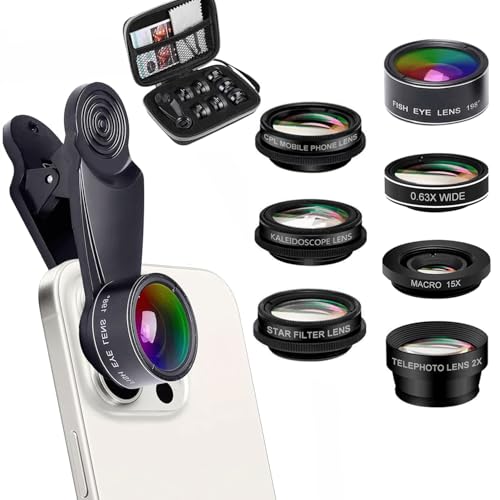 Kit d'objectif 7 en 1 pour Téléphone Portable, Objectif 7 en 1 pour Smartphone, Grand Angle 0,63X, Fisheye à 198°, Macro 15X, Objectif Portrait 2X, CPL, Objectif kaléidoscope, Objectif Starlight