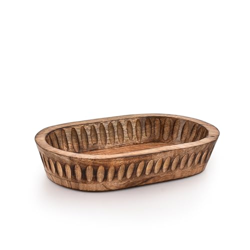 Kaizen Casa Decorative Bowl Mango Wood for Home Decor, Unique Centerpiece Bowl, with Hand Carved Vertical Stripes for Home Decor, Bathroom, Kitchen Counter, & More (10 x 6 x 2)