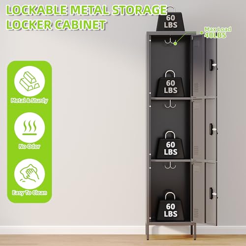Image of Aobabo 16 inch W 3 Door Metal Storage Locker with Lock, 66 inch H Steel Locker with Name Card Holder and Metal Hook for School, Home, Office, Playroom, Assembly Required, Dark Grey