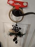 Rustic Christmas Door Knob Hanger Brown Metal Snowflake with Rope Base, Pine Needle Accents, Bells and Berries, Holiday Decor