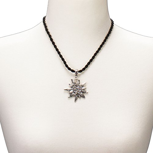 Bavarian drawstring cord necklace with rhinestone Edelweiss, Ladies costume jewelry, traditional german pendant necklace for Dirndl, Leather trouser, Oktoberfest (black)4
