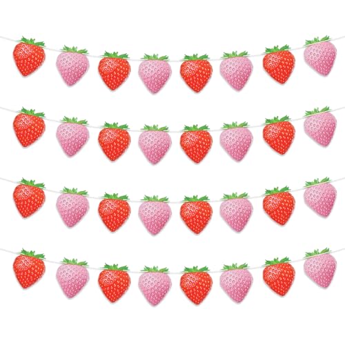 Image of 4-Strand Strawberry Banner - Pink and Red Strawberry Garland for Berry Birthday, Picnic Party, Baby Shower, and Summer Fruit Theme Decor
