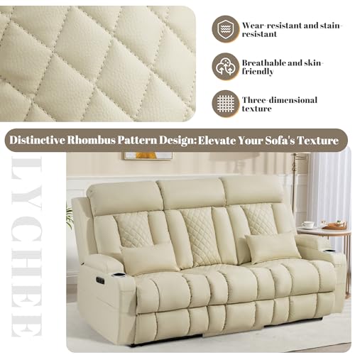 Image of Zero Wall Hugger Power Reclining Sofa with Adjustable Headrest, Electric Reclining Couch with Drop-Down Table,Outlets, Power Loveseat Recliner Sofa for Living Room (PU Beige, 3 Seat)