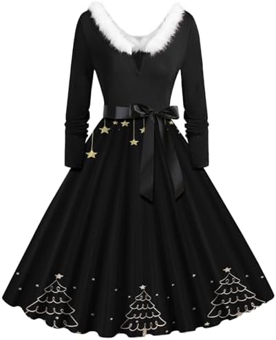 Christmas Dresses for Women Long Sleeve Furry V-Neck Swing Dress for Holiday Party Warm Soft Long Dress with Belt 2025