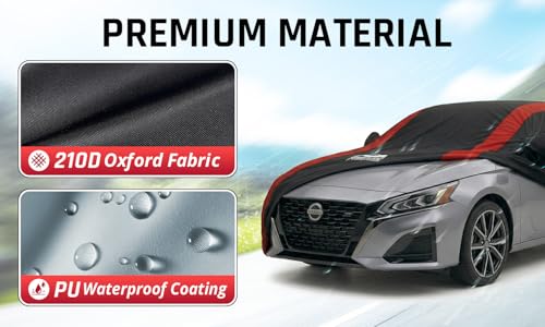 Image of Altima Car Cover Waterproof All Weather with Red Strip Design, Custom Fit for Nissan Altima 2002-2025, Altima Accessory with Door Zipper & Windproof Straps