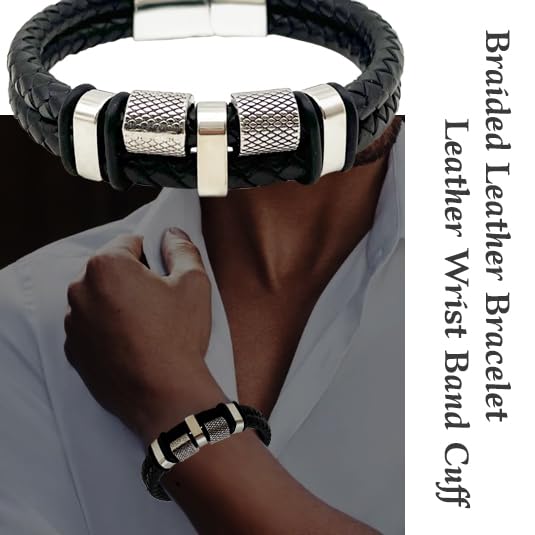 Leather Bracelets for Men 5pcs, Fashion Men's Bracelet Leather and Steel Braided Wrap Cuff Wirstband Bracelets with Closure Bangle Gift for men4
