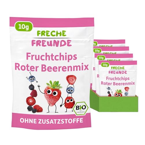 FRECHE FREUNDE Bio Fruchtchips Beerenmix, gefriergetrocknete Obst Chips, natürliche Trockenfrüchte in Scheiben ohne Zuckerzusatz, vegan, laktosefrei, glutenfrei, 12er Pack (12 x 10g)