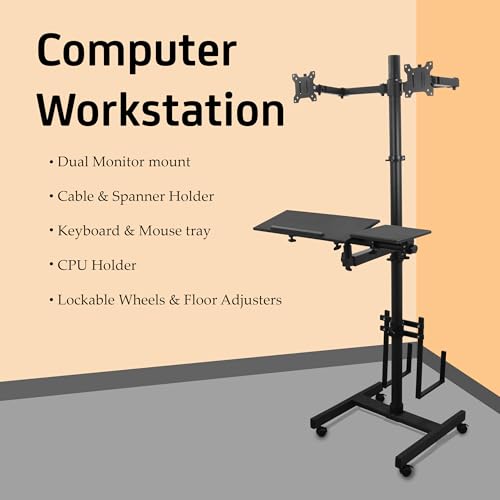 Image of Isomars Computer Standing Desktop Workstation with Dual Monitor Mount Adjustable Height with Keyboard & Mouse Tray Space for CPU Holder, Sit Stand Table Comes with Wheel for Easy to Move
