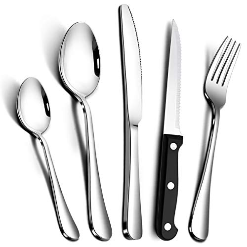 RayPard Silver 30-Piece Stainless-Steel Cutlery Set Flatware Set Tableware Dinnerware Knife Fork Spoon, 24 pcs + 6 pcs, Service for 6