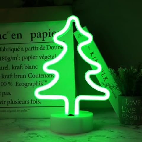 Vicila Christmas Tree Neon Signs, Green Xmas Tree Shaped Night Lights USB Battery Operated Tree Lamp for Bedroom, Nursery Room, Christmas Decorations-Tree with Holder Base(Green) Cover