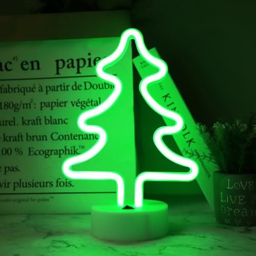 Vicila Green Xmas Tree Neon Signs - USB Battery Operated Night Lights for Bedroom & Nursery - Tree Lamp with Holder Base