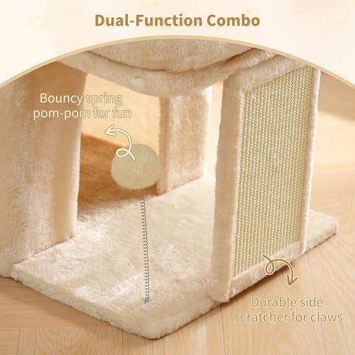 Heybly Kratzbaum, 35 cm Hoher Katzenbaum mit Großem Ruhebett und Gemütlichem Katzenhaus für Erwachsene Katzen, Inklusive Kratzpfosten und Interaktivem Plüschball, Beige HCT203SM