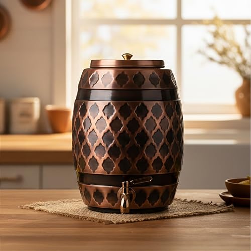 Image of Artarium Antique Matka Copper Water Dispenser with Tap (8 litres), Traditional Barrel Design, Pure Copper Water Pot for Home & Office, Ayurvedic Drinking Water Storage
