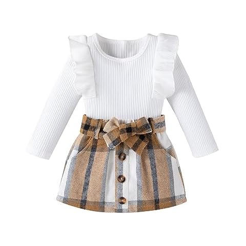 Yruiz Toddler Girl Fall Winter Clothes Set Solid Color Long Sleeve Shirt Dress with Pockets Infant Skirt Outfits (White Lattice,4T) Cover
