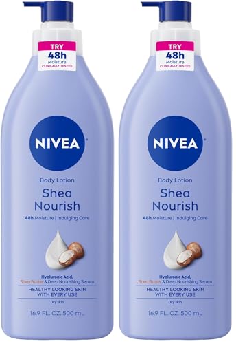 NIVEA Shea Nourish Body Lotion for Dry Skin with Hyaluronic Acid, Shea Butter and Deep Nourishing Serum, 48-Hour Body Moisturizer, 16.9 Fl Oz Pump Bottle (Pack of 2)
