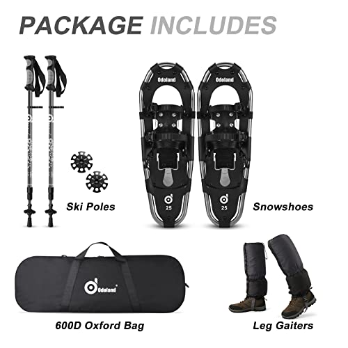 Odoland 4-in-1 Lightweight Snow Shoes Set for Men Women Youth Kids, Easy to Use Snowshoes with Trekking Poles, Waterproof Snow Leg Gaiters and Carrying Tote Bag, Bkack, Size 25''