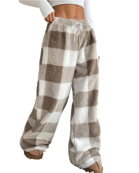 codcm Womens Plush Pajama Pants Plaid Pj Bottoms Winter Warm Fuzzy Fleece Lounge Pants(Khaki Small)