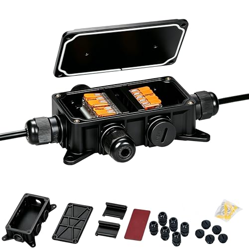 IP65 Waterproof Junction Box for WAGO 221 Lever Nuts Outdoor Electrical Enclosure with Cable Glands Universal Wire Connection Box for Garden Lighting Automotive(Connectors Excluded) (Black)