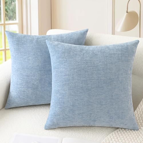 Image of CaliTime Pack of 2 Cozy Throw Pillow Covers Cases for Couch Sofa Home Decoration Solid Dyed Soft Chenille 20 X 20 Inches Baby Blue
