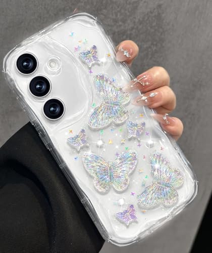 Toycamp for Samsung Galaxy S24 case Women - Cute Girly Girls Phone Cover for Samsung S24 Kawaii Aesthetic Pretty Unique Glitter Bling Sparkle Wave Design Funda para S 24, Clear Butterfly