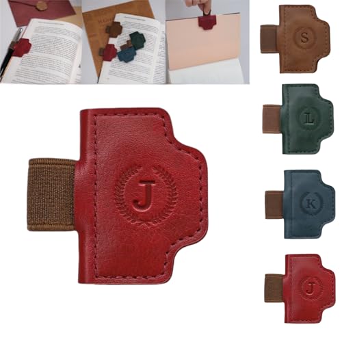 Personalized Magnetic Bygone Mark Bookmark with Pen Holder 26 Letters Name Initial Custom Leather Book Mark for Women Gifts for Book Lovers and Readers (Red J)