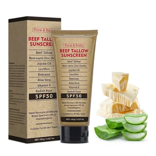 Beef Tallow Sunscreen SPF 50 Non Nano Zinc Oxide Mineral Sunscreen for Face & Body Natural Grass-Fed Tallow Broad Spectrum UVA/UVB Non-Greasy Sunblock Cream for Outdoor & Beach (Beef Tallow-1PCS)