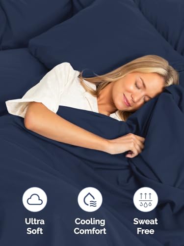 Image of Extra Deep Cal King Fitted Sheet - Single Fitted Sheet Only - Navy Blue | Easily Fits 18 inch to 24 inch Mattress, Soft, Wrinkle Free, Breathable & Comfy, Extra Deep Pockets Hotel Luxury Fitted Sheet