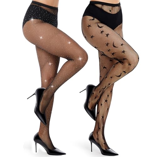 Kiiwah 2 Pares Medias Rejilla Mujer Negras con Estampados, Medias Mujer Sexy Elástico para Club Fiesta Cosplay Halloween (Estrellas y Lunas + Pedrería)
